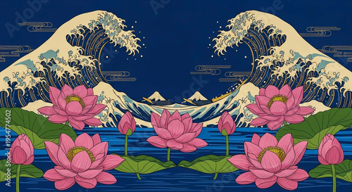 digital art of pink lotus flowers and mount fuji waves under starry sky