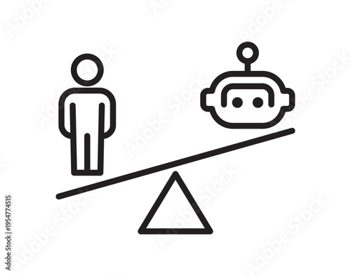 Human and Robot Balance Line Icon. Workforce Automation Comparison Outline Vector
