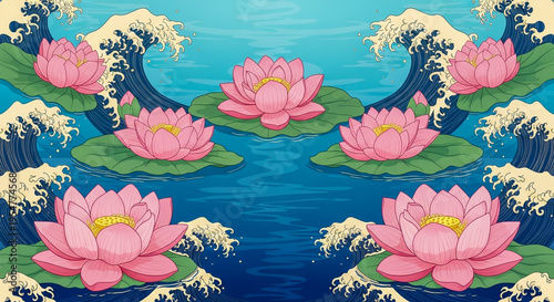 Vibrant watercolor lotus flowers blooming on serene mountain lake at sunset