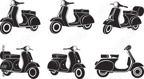 Black silhouette collection of vintage motor scooters and classic mopeds from various angles isolated on white background for urban transportation.