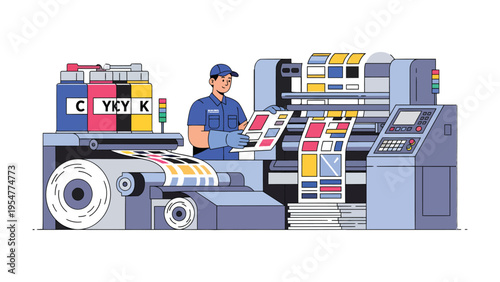 Precision Print Production: A skilled operator meticulously monitors the vibrant output of an industrial printing press, showcasing the intricate processes behind high-quality print production.