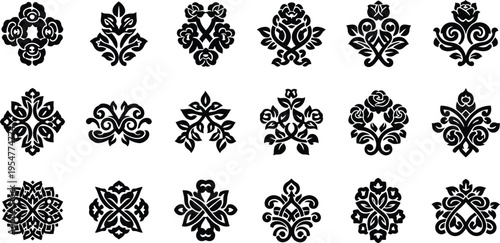 Collection of black and white tropical flower and symbols hibiscus plumeria