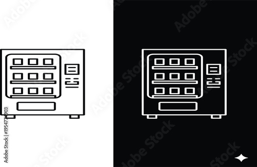Vending machine outline icon with inverted version, automated snack dispenser vector illustration isolated for retail kiosk interface, self service technology and modern vending concept