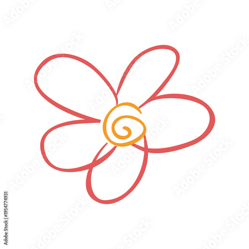 Abstract pink floral doodle with spiral yellow core icon