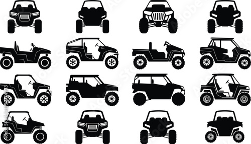 Collection of UTV and Side by Side Vehicle Silhouettes Set Off Road Utility Icons Isolated on White Background for Adventure Graphics