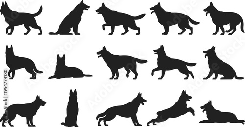 Comprehensive collection of German Shepherd dog silhouettes in various action poses including running jumping sitting and lying isolated on white background.