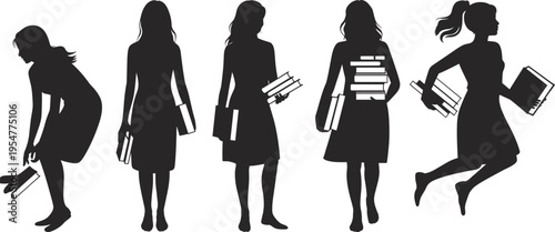 Female Student Silhouette Set with Young Women Carrying Books and School Supplies in Various Standing and Jumping Poses Isolated Vector
