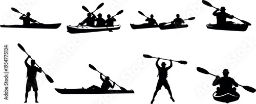 Kayaking silhouette collection with paddlers in different action poses, canoe and kayak sport vector set for adventure travel, outdoor recreation and water activity design