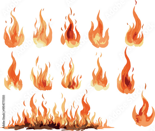 Realistic fire flames collection, burning blaze elements isolated on background, hot orange and yellow flame set for danger, heat, energy and inferno design