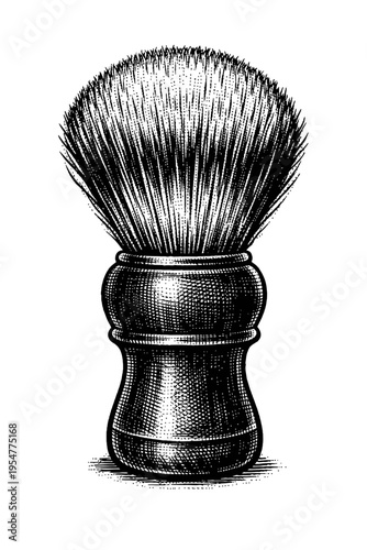 Monochrome shaving brush, intricately detailed vintage engraving style. Perfect for traditional wet shave enthusiasts, barbershop branding, and men's grooming design. Classic hand-drawn art, retro aes