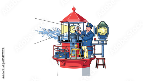 Guiding Light: A lighthouse keeper diligently tends to his beacon, ensuring its unwavering light guides ships safely through the turbulent seas. This image evokes a sense of duty, precision.