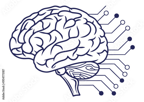 Detailed vector outline illustration of a human brain integrated with electronic circuitry, symbolizing artificial intelligence, machine learning, and advanced technological innovation.