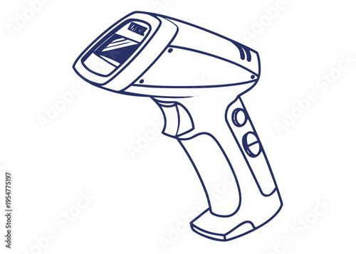 Detailed vector outline illustration of a modern handheld barcode scanner, symbolizing retail operations, inventory management, and efficient data capture technology.