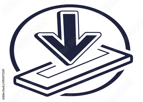 Clean vector line art illustration of a download arrow pointing to a platform within a circle, representing data transfer, digital content, and online technology.