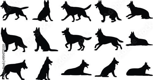 Large collection of German Shepherd dog silhouettes in different poses including running jumping sitting and lying isolated on white background.