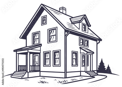 Traditional two-story detached house in black and white line art, featuring a welcoming porch and chimney, representing home, family, and real estate.