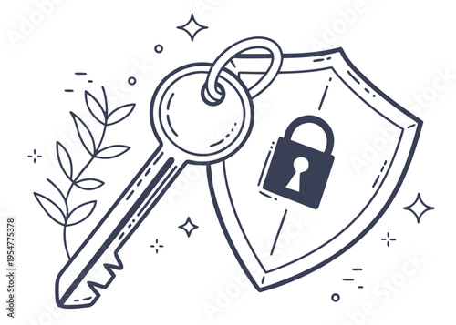 Vector graphic of a key, shield, and padlock, symbolizing robust security, access control, and data protection, isolated on white.