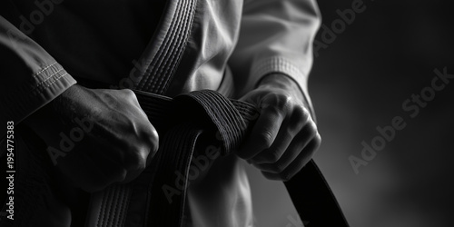 A karateka, focusing on tying the belt around the waist, embodies the martial art's precision and discipline