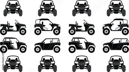 Set of UTV and Side by Side Vehicle Silhouettes Off Road Utility Icons Isolated on White Background for Adventure Graphic Design