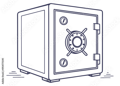 Detailed line art vector illustration of a robust metal safe vault with a classic combination lock, symbolizing security, financial protection, and valuable asset storage in a secure environment.