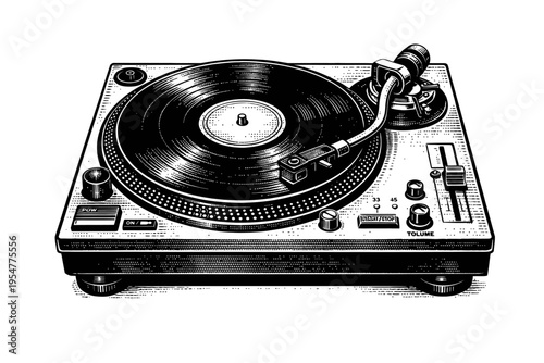 Vintage Turntable with Vinyl Record Engraving Art: Classic Retro Music Player Deck Illustration, Perfect for DJ Culture, Hifi Audio Enthusiasts, and Old-School Grooves, Iconic Analog Sound System Artw
