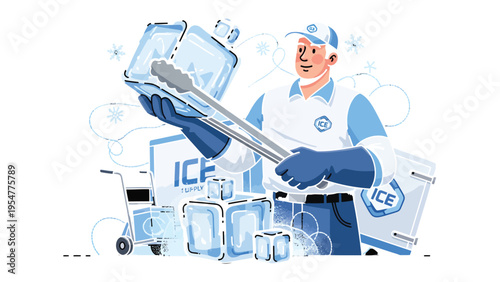 Ice Delivery Service: A professional worker, with focused determination, handles pristine ice cubes with precise instruments, delivering refreshment. 