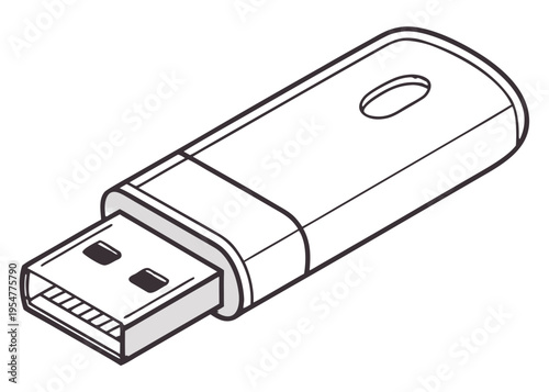 A detailed black and white vector outline illustration of a USB flash drive, showcasing its compact form and exposed connector, representing data storage, portability, and digital connectivity.