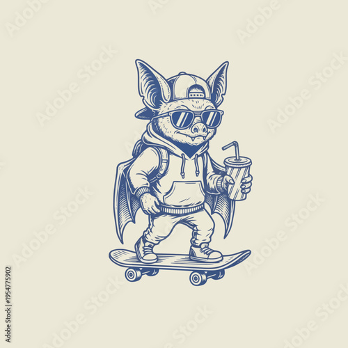 Bat wearing hoodie on skateboard.