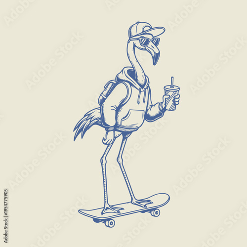 Cartoon flamingo on skateboard wearing hoodie.