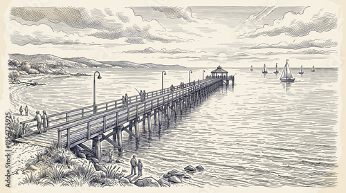A classic ink drawing depicts a long wooden pier stretching into a calm sea, with sailboats dotting the horizon and people enjoying the coastal scenery.
