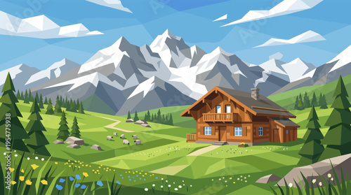 A charming, low-poly illustration of a wooden cabin nestled in a green alpine meadow with sheep grazing and snow-capped mountains in the background under a blue sky.