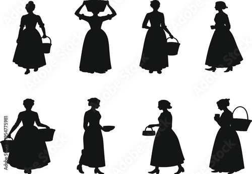 Vintage Peasant Woman Silhouette Set with Traditional Victorian Village Girls Carrying Baskets and Buckets Isolated on White Background Vector Illustration