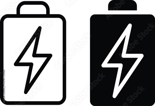 Two battery icons with lightning bolts on a white background one in black and white and the other in white and black