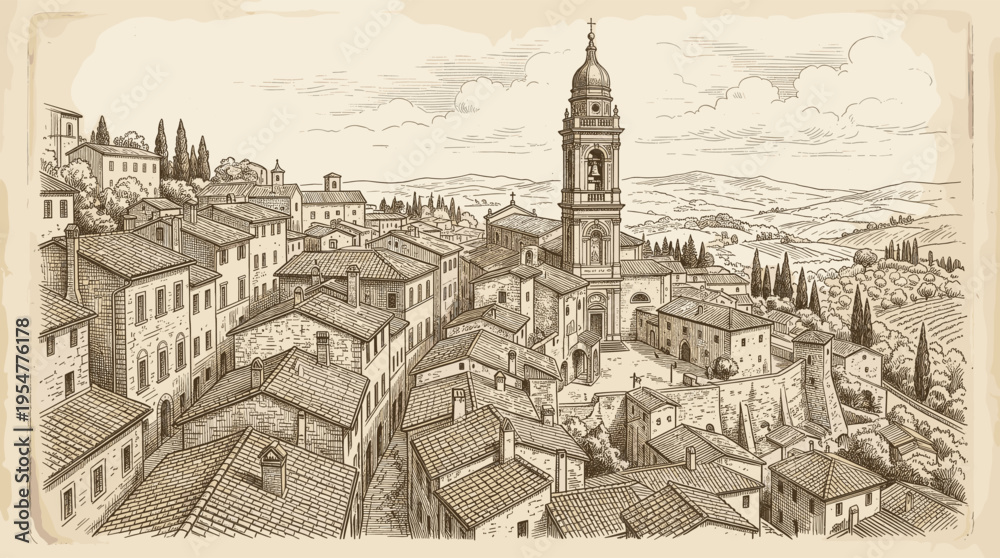 Obraz premium Hand-drawn sketch of a picturesque Italian village with a prominent church tower, cobblestone streets, and rolling hills in the background, evoking a sense of timeless charm.