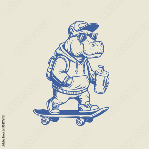 Hippo wearing sunglasses on skateboard.