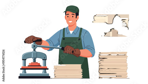 Crafting Precision: An artisan meticulously operates a manual press, shaping a wooden form. the image showcase the dedication to the craft