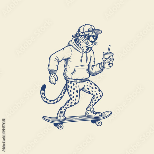 Leopard wearing hoodie on skateboard 1.