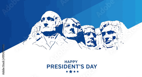 Happy Presidents Day Illustration with Stylized Mount Rushmore National Memorial and Patriotic Blue Background - USA Federal Holiday Greeting Graphic