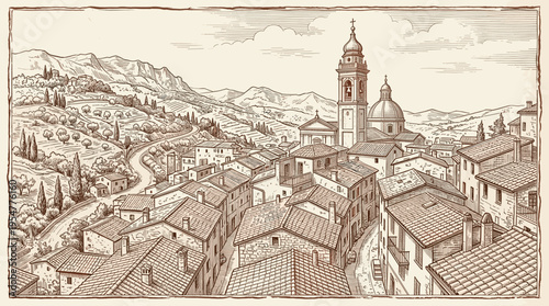 An old-world village scene rendered in a sepia-toned line drawing, showcasing tiled rooftops, a prominent church tower, rolling hills, and a winding road, evoking a sense of timeless charm.