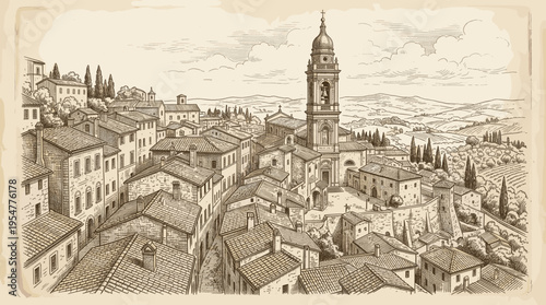 Hand-drawn sketch of a picturesque Italian village with a prominent church tower, cobblestone streets, and rolling hills in the background, evoking a sense of timeless charm.