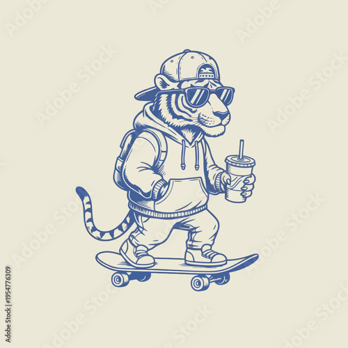 Tiger wearing hoodie and skateboard.