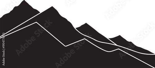 Vector mountain range silhouette, black and white landscape