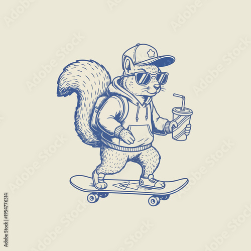 Squirrel wearing hoodie and cap skateboarding.