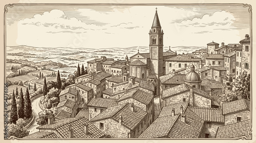 A vintage sketch depicts a picturesque Italian village with terracotta roofs, a tall church steeple, rolling hills, and vineyards in the distance.
