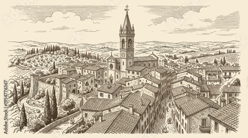 A charming vintage line art illustration depicts a picturesque Italian town with rolling hills, cypress trees, and a bell tower, evoking a sense of timeless European charm.