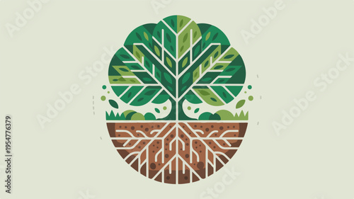 Tree with roots and leaves in soil symbolizing growth and nature eco friendly concept