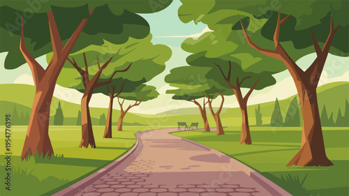 Serene landscape with a winding road through a lush green forest at sunset surrounded by tall trees and vibrant grassy fields