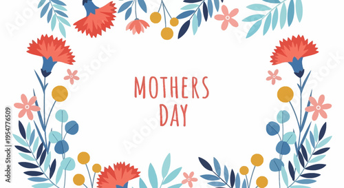 Mother's Day Greeting Card with Floral Frame, Red Carnations and Botanical Illustration on White Background