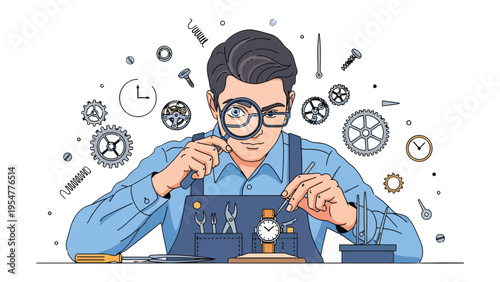 Precision in Time: A skilled watchmaker meticulously examines a timepiece through a magnifying glass, surrounded by intricate gears and tools.