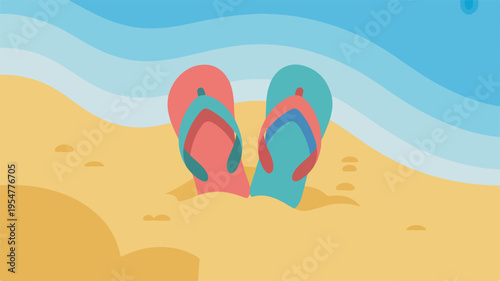Vibrant pink and blue flip flops on sandy beach with ocean waves in background summer vacation